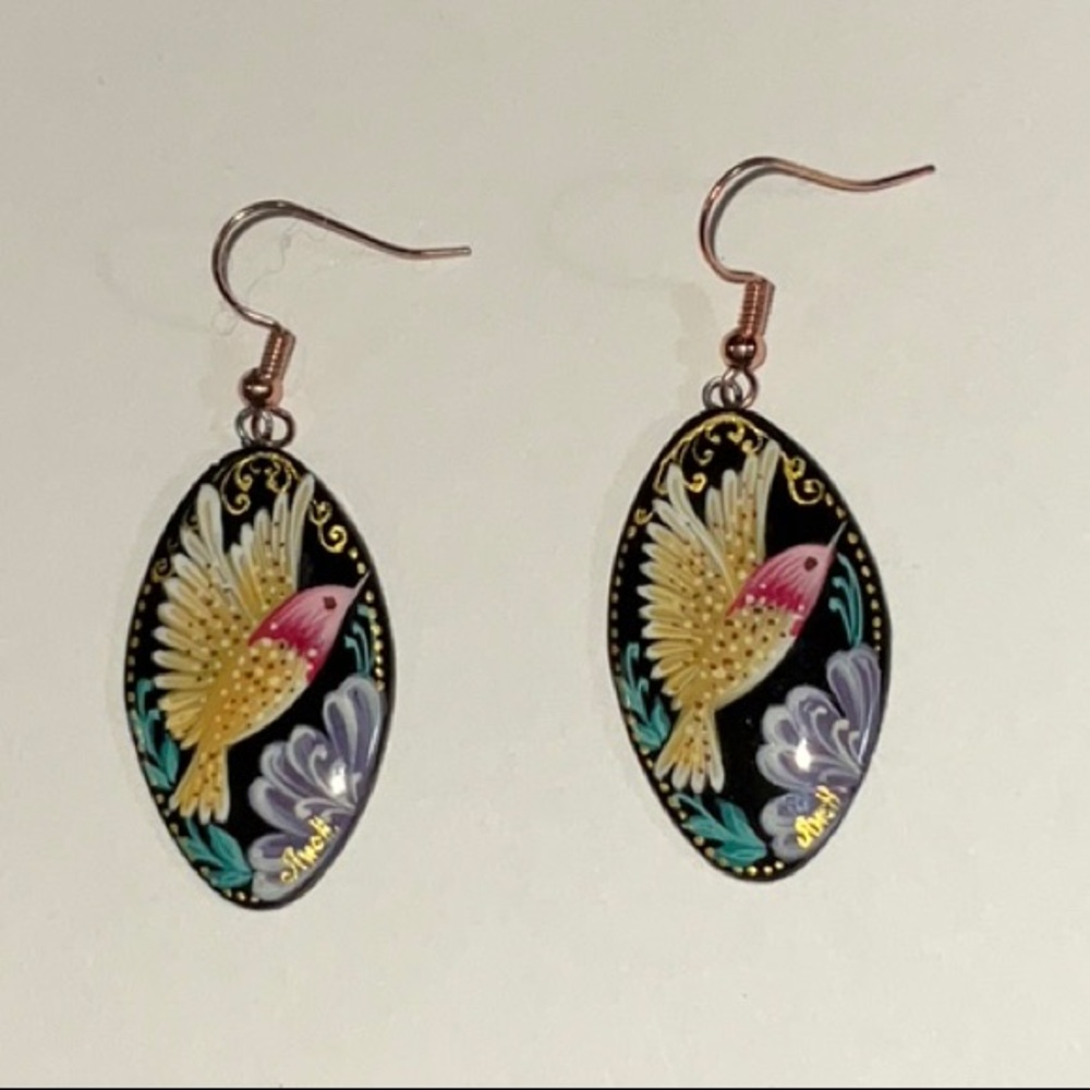 Artisan Delicately Painted Hummingbird Paper Mache Earrings Copper Ear Wires